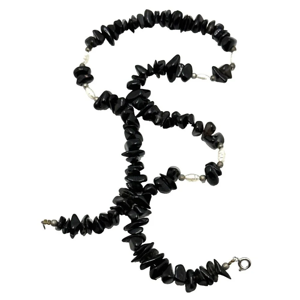 Vintage Black Onyx Quartz Bead Necklace Faux Pearl 925 Sterling Silver Clasp 19